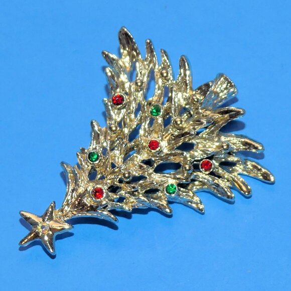 Vintage TANCER II Christmas Tree Brooch Pin Holiday Xmas Rhinestone Gold Tone - Picture 5 of 7